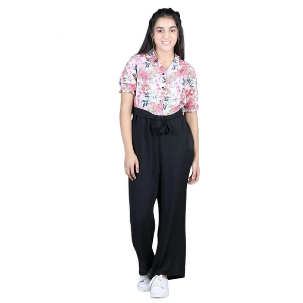 HamariDookan Girl's Polyester Floral Short Sleeves Jumpsuit (White-Black)