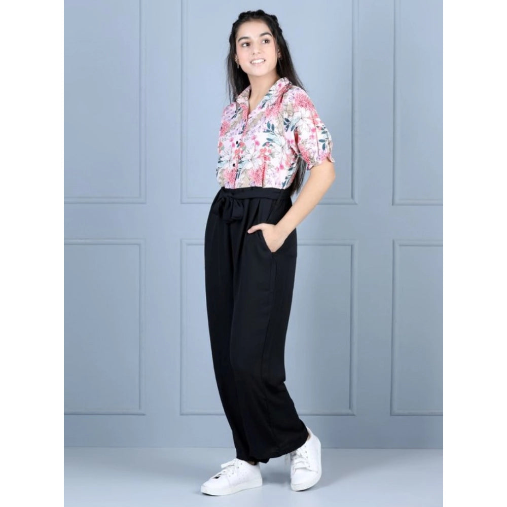 HamariDookan Girl's Polyester Floral Short Sleeves Jumpsuit (White-Black)