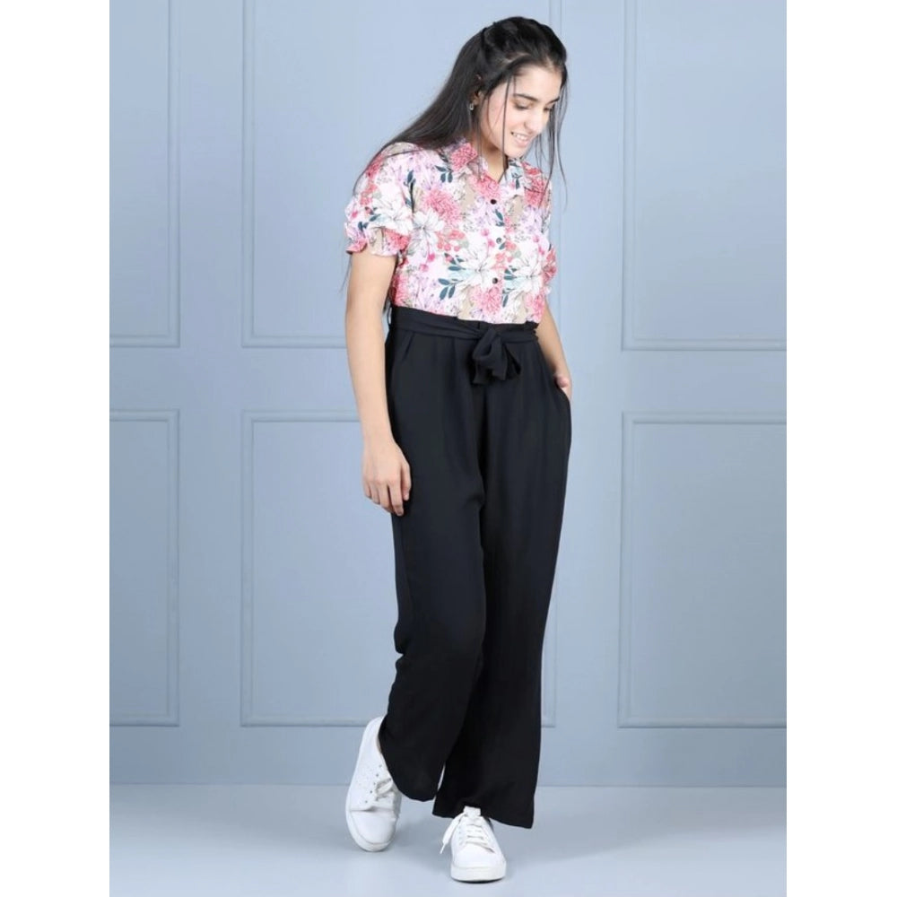 HamariDookan Girl's Polyester Floral Short Sleeves Jumpsuit (White-Black)