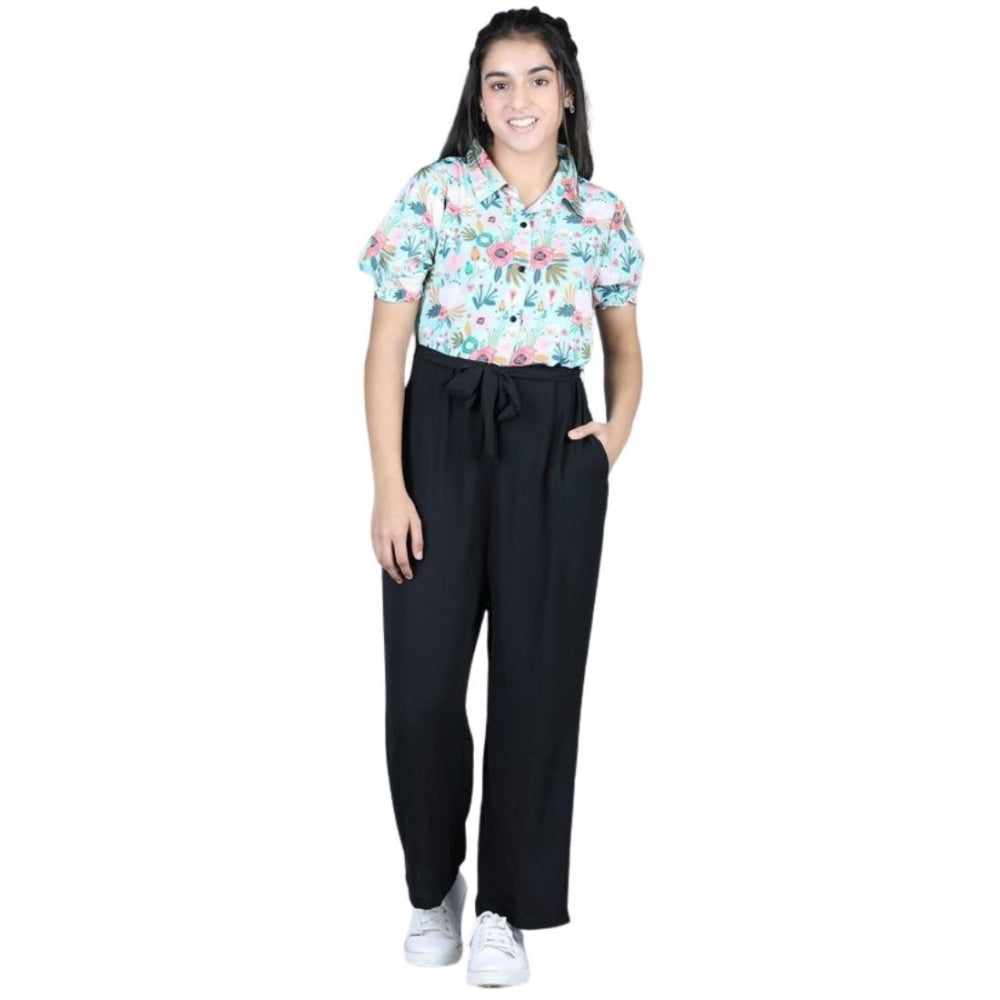 HamariDookan Girl's Polyester Floral Short Sleeves Jumpsuit (Green-Black)