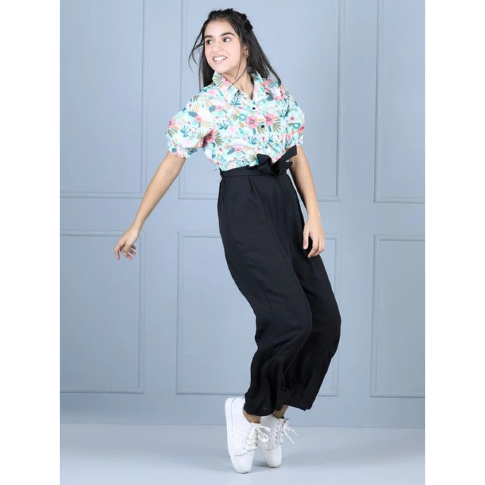 HamariDookan Girl's Polyester Floral Short Sleeves Jumpsuit (Green-Black)