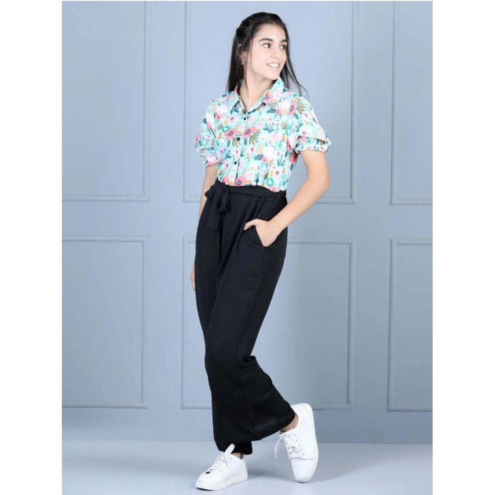 HamariDookan Girl's Polyester Floral Short Sleeves Jumpsuit (Green-Black)