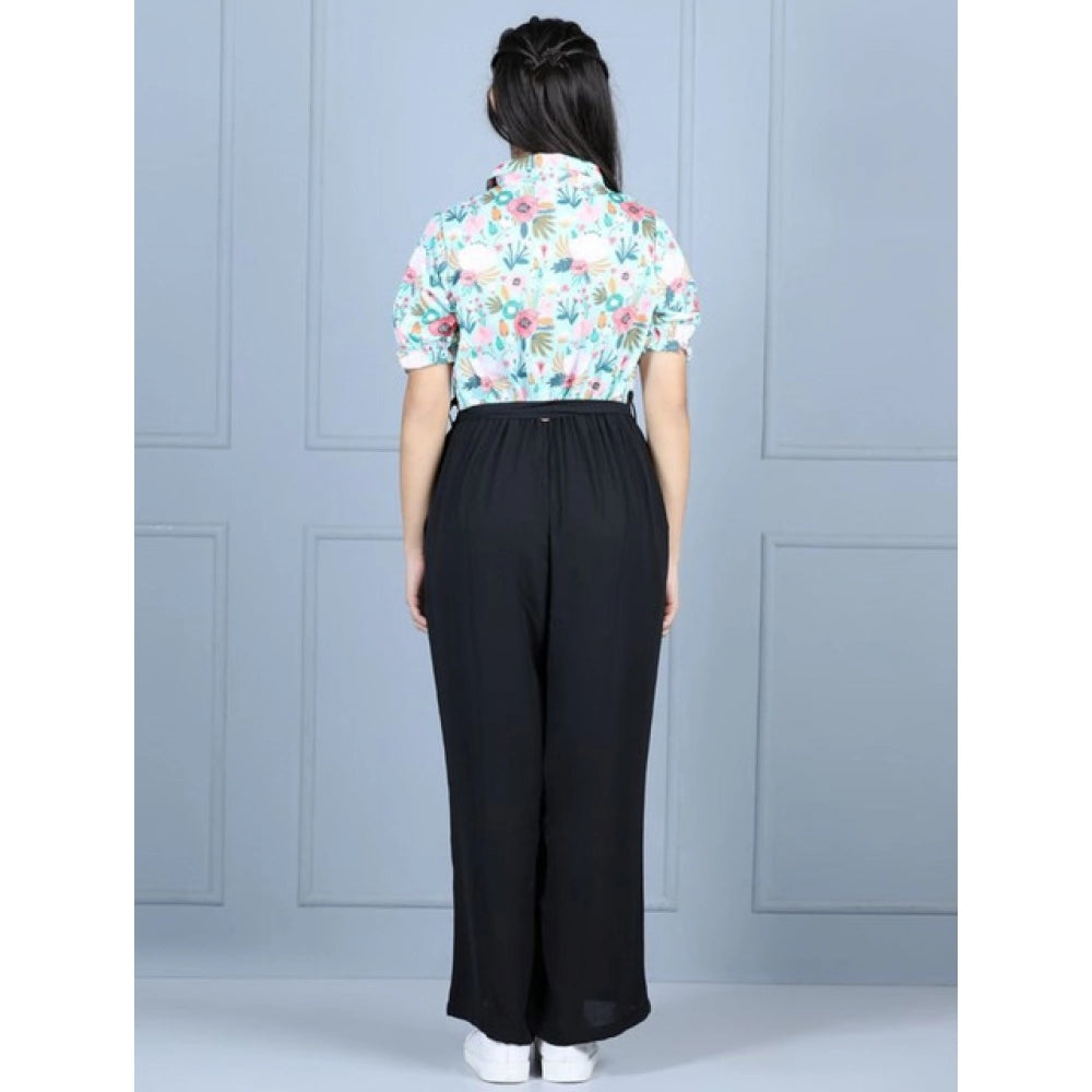 HamariDookan Girl's Polyester Floral Short Sleeves Jumpsuit (Green-Black)