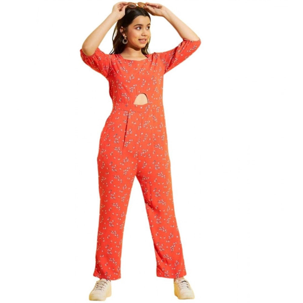 HamariDookan Girl's Polyester Floral 3/4th Sleeve Jumpsuit (Coral)