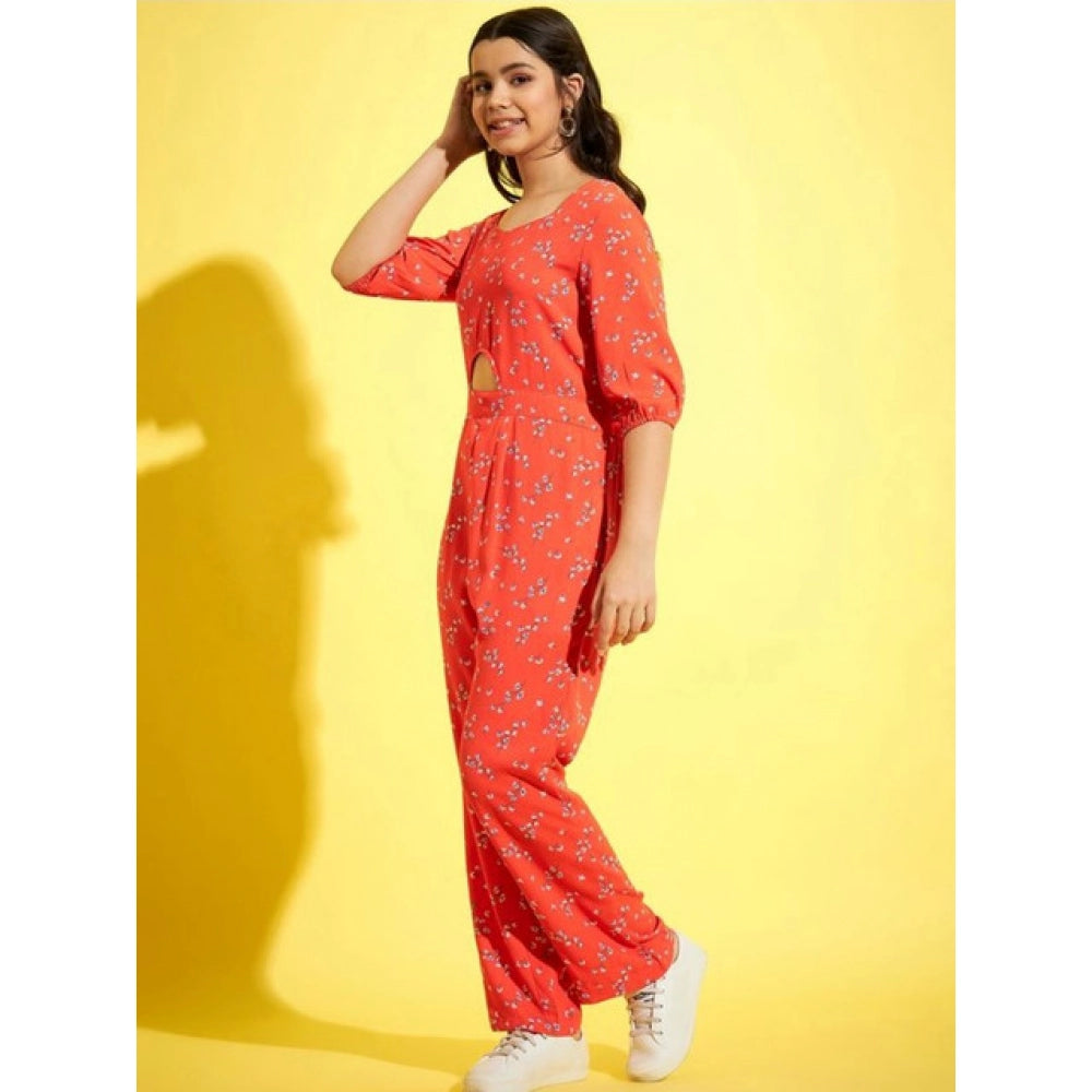 HamariDookan Girl's Polyester Floral 3/4th Sleeve Jumpsuit (Coral)