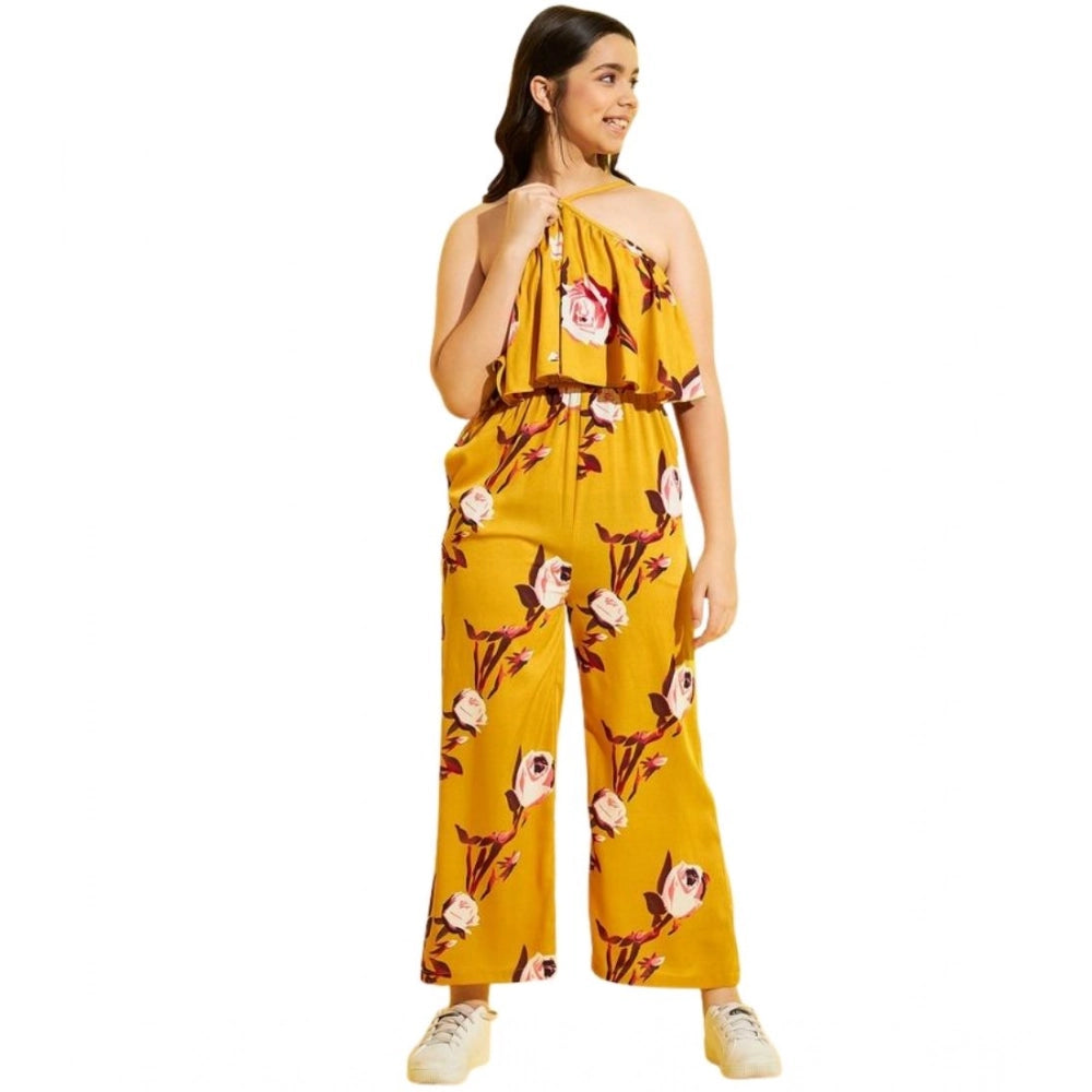 HamariDookan Girl's Polyester Crepe Floral Sleeveless Jumpsuit (Mustard)