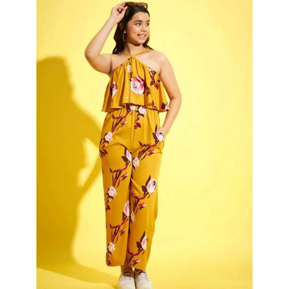 HamariDookan Girl's Polyester Crepe Floral Sleeveless Jumpsuit (Mustard)