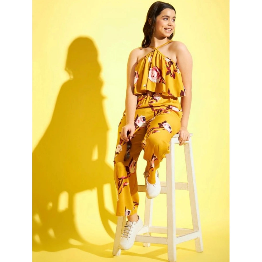 HamariDookan Girl's Polyester Crepe Floral Sleeveless Jumpsuit (Mustard)