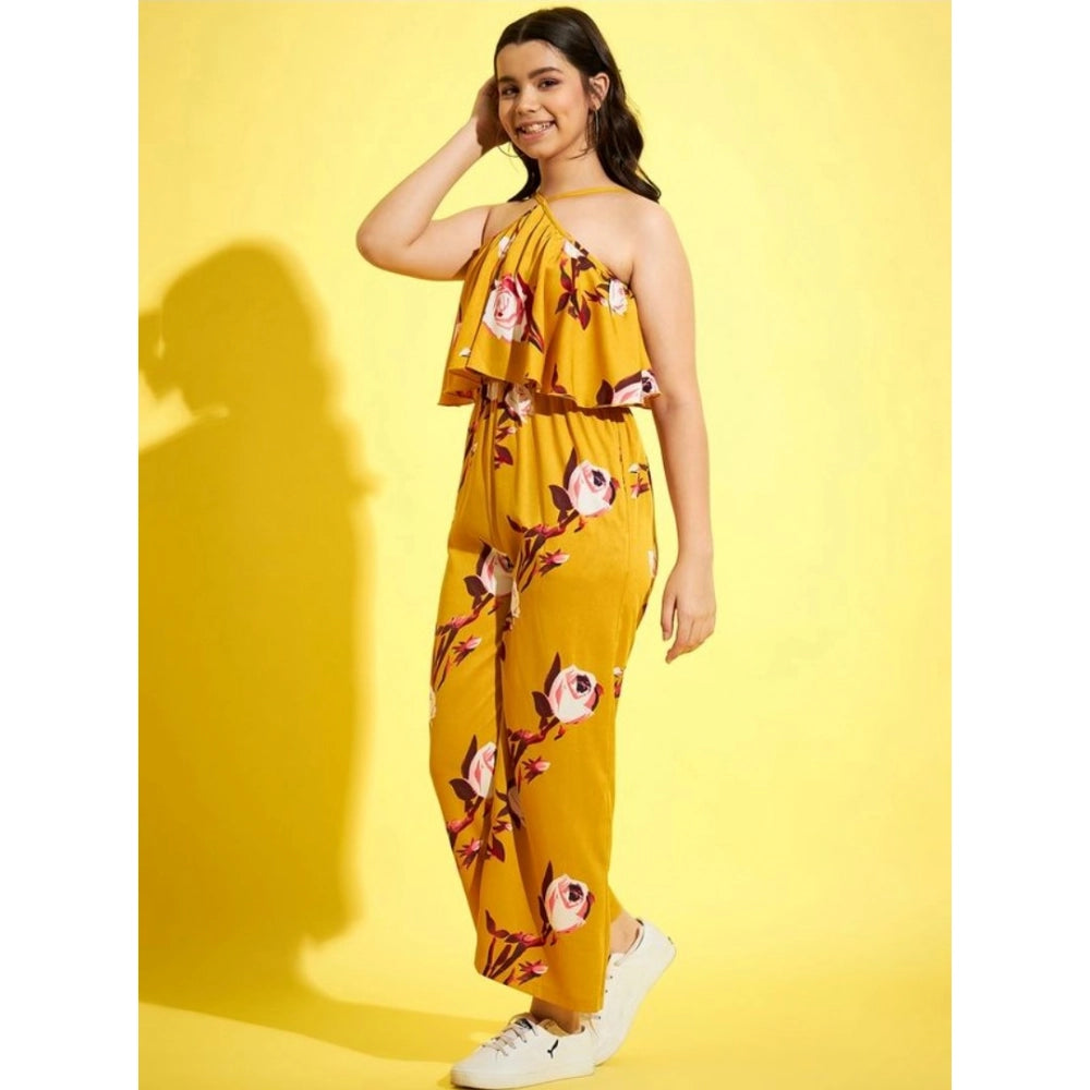 HamariDookan Girl's Polyester Crepe Floral Sleeveless Jumpsuit (Mustard)