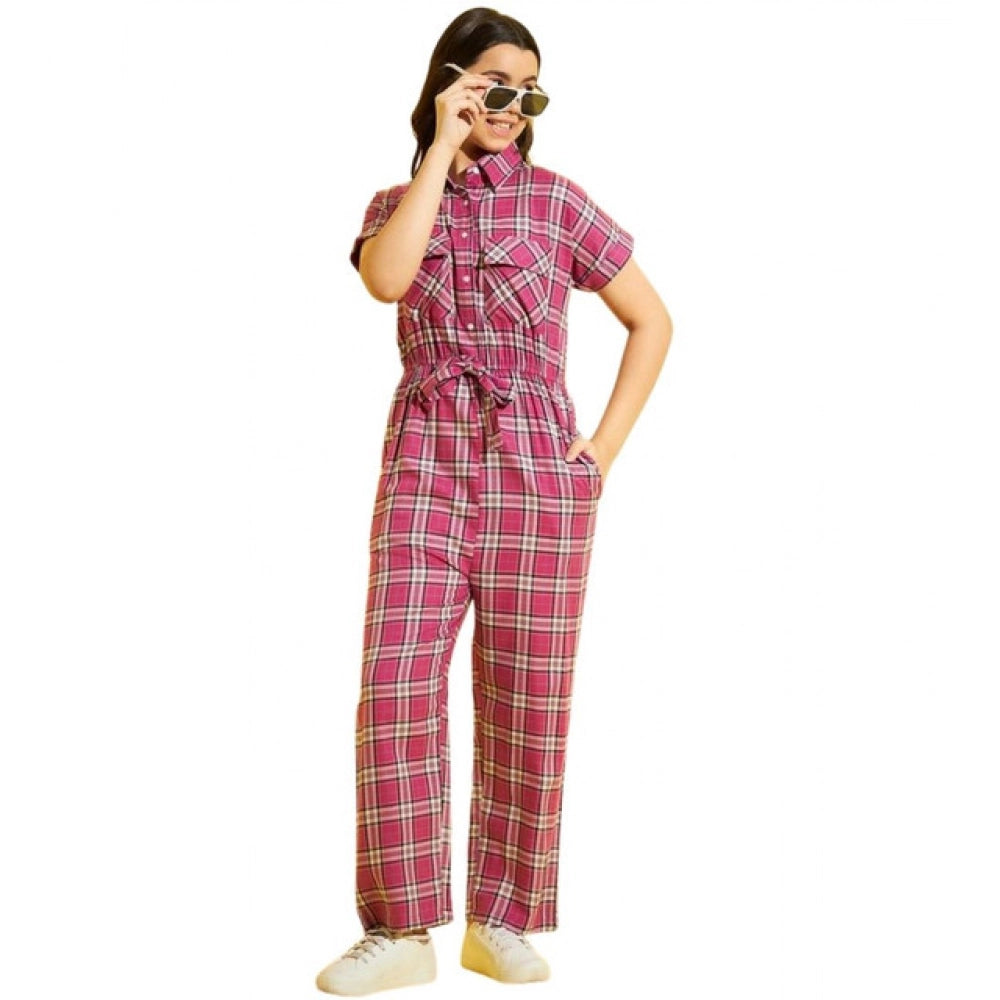 HamariDookan Girl's Cotton Checkered Short Sleeves Jumpsuit (Pink)