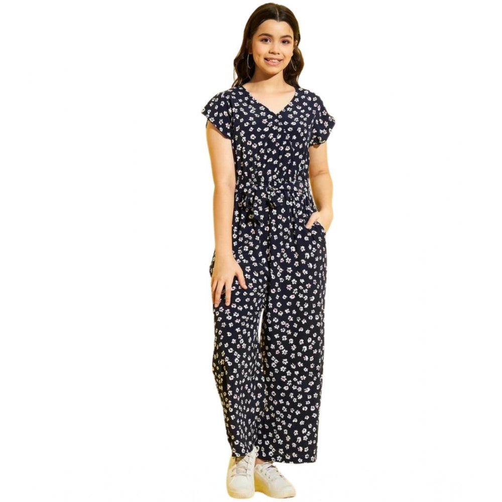 HamariDookan Girl's Polyester Moss Floral Short Sleeves Jumpsuit (Navy-white)
