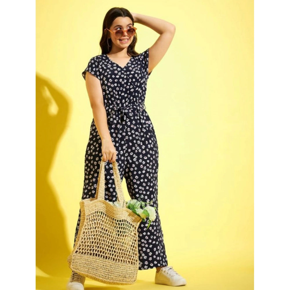 HamariDookan Girl's Polyester Moss Floral Short Sleeves Jumpsuit (Navy-white)