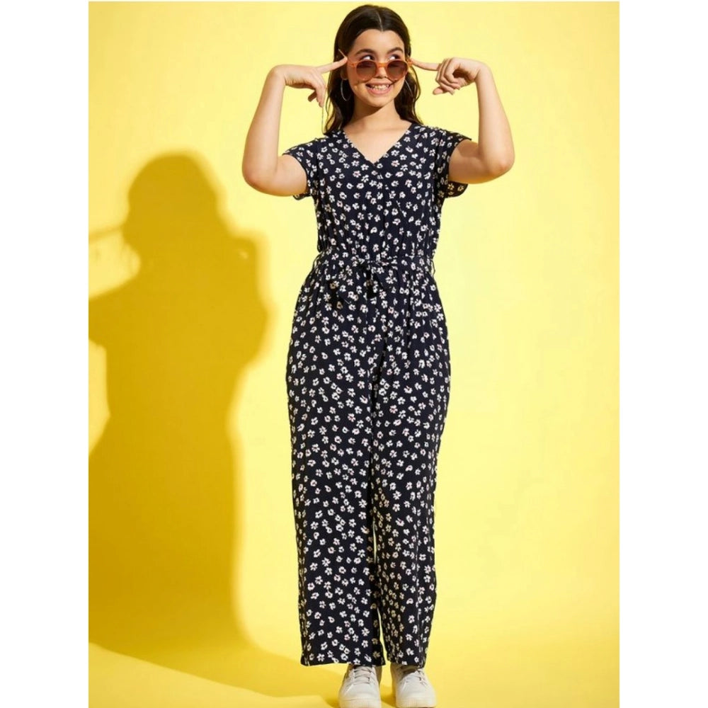 HamariDookan Girl's Polyester Moss Floral Short Sleeves Jumpsuit (Navy-white)
