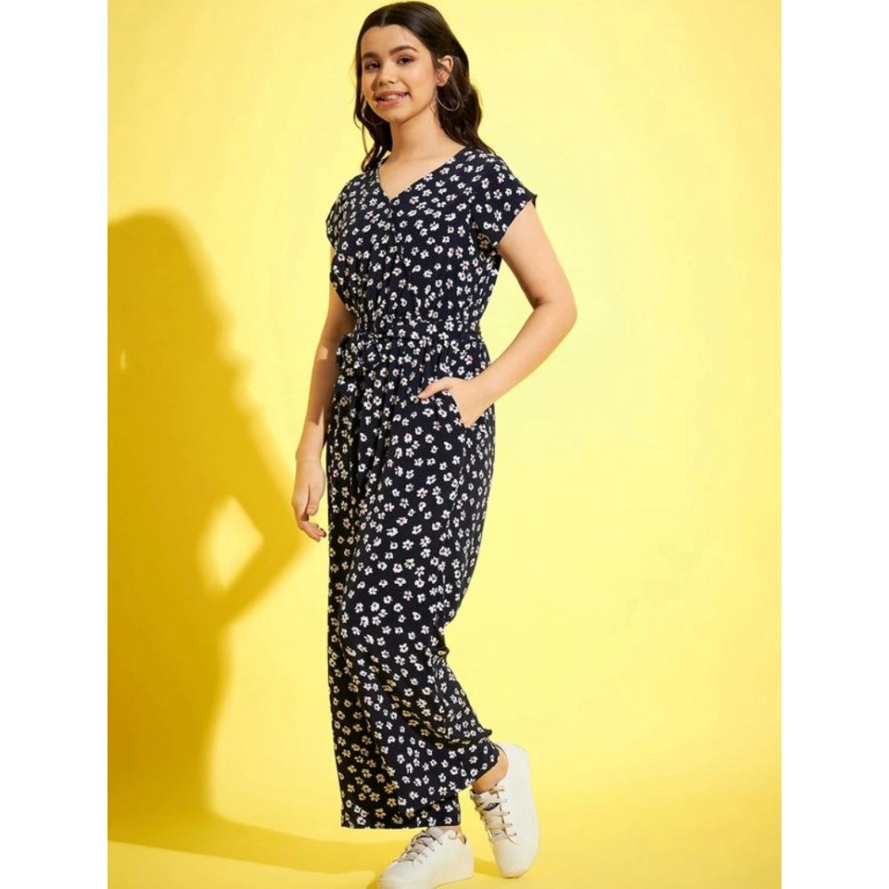 HamariDookan Girl's Polyester Moss Floral Short Sleeves Jumpsuit (Navy-white)