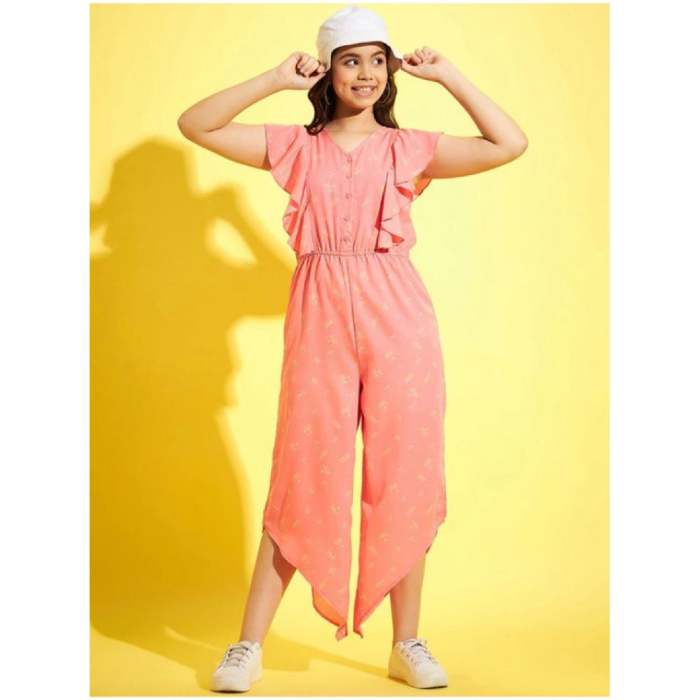 HamariDookan Girl's Polyester Floral Sleeveless Jumpsuit (Pink)