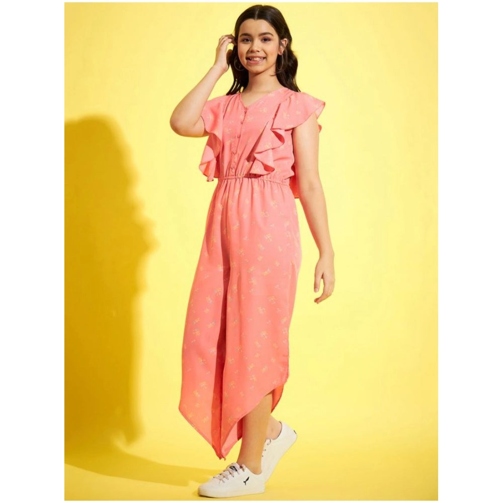 HamariDookan Girl's Polyester Floral Sleeveless Jumpsuit (Pink)