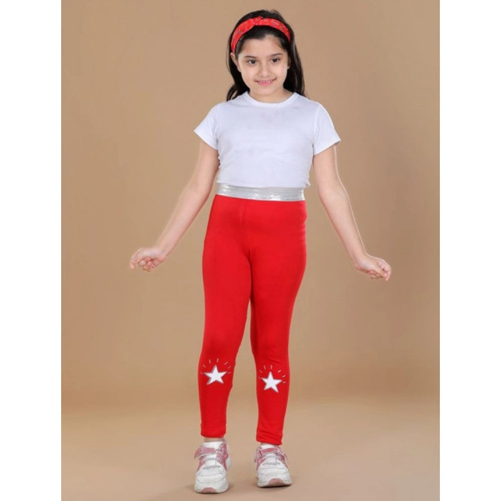 HamariDookan Girl's Cotton Lycra Star Print Elasticated Leggings (Red)