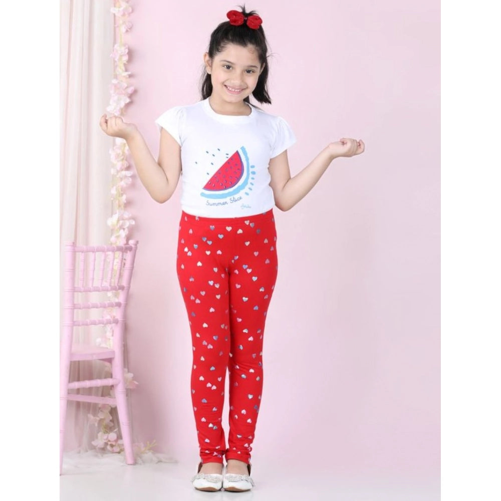HamariDookan Girl's Cotton Lycra Embellished Elasticated Leggings (Red)