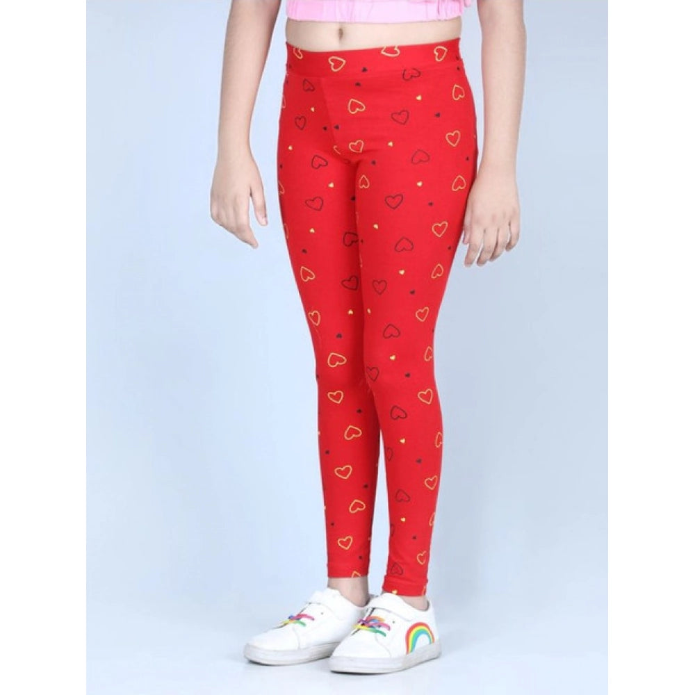 HamariDookan Girl's Cotton Lycra Printed Elasticated Leggings (Red)