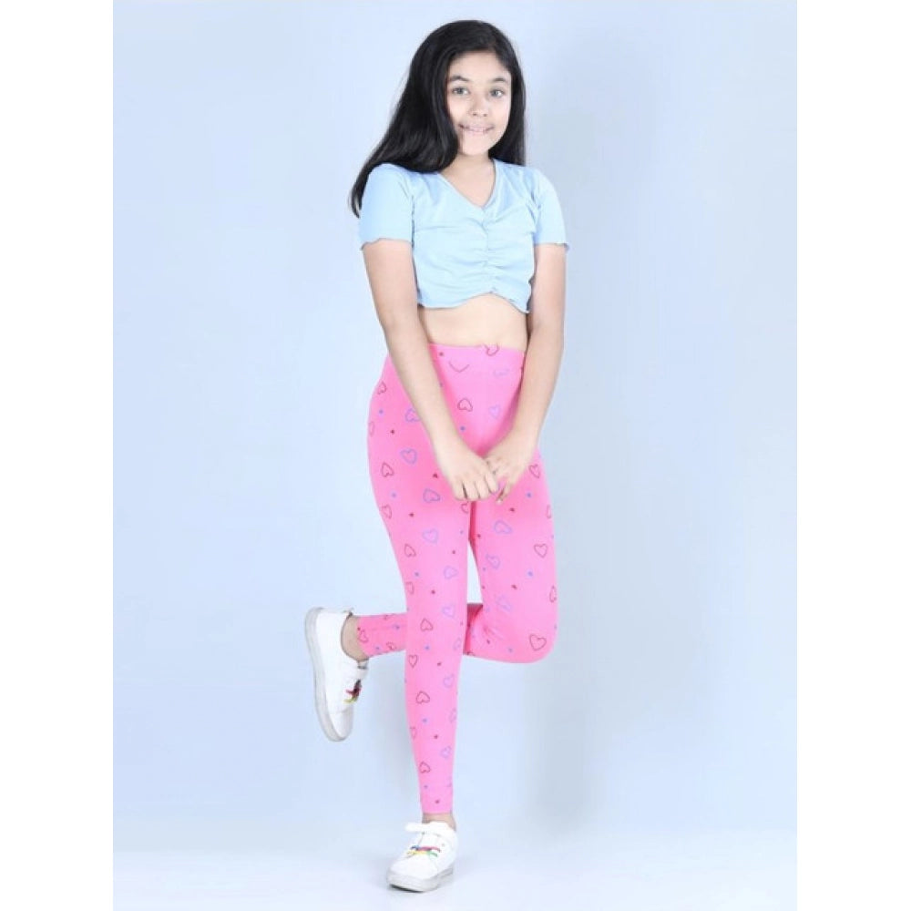 HamariDookan Girl's Cotton Lycra Printed Elasticated Leggings (Light Pink)