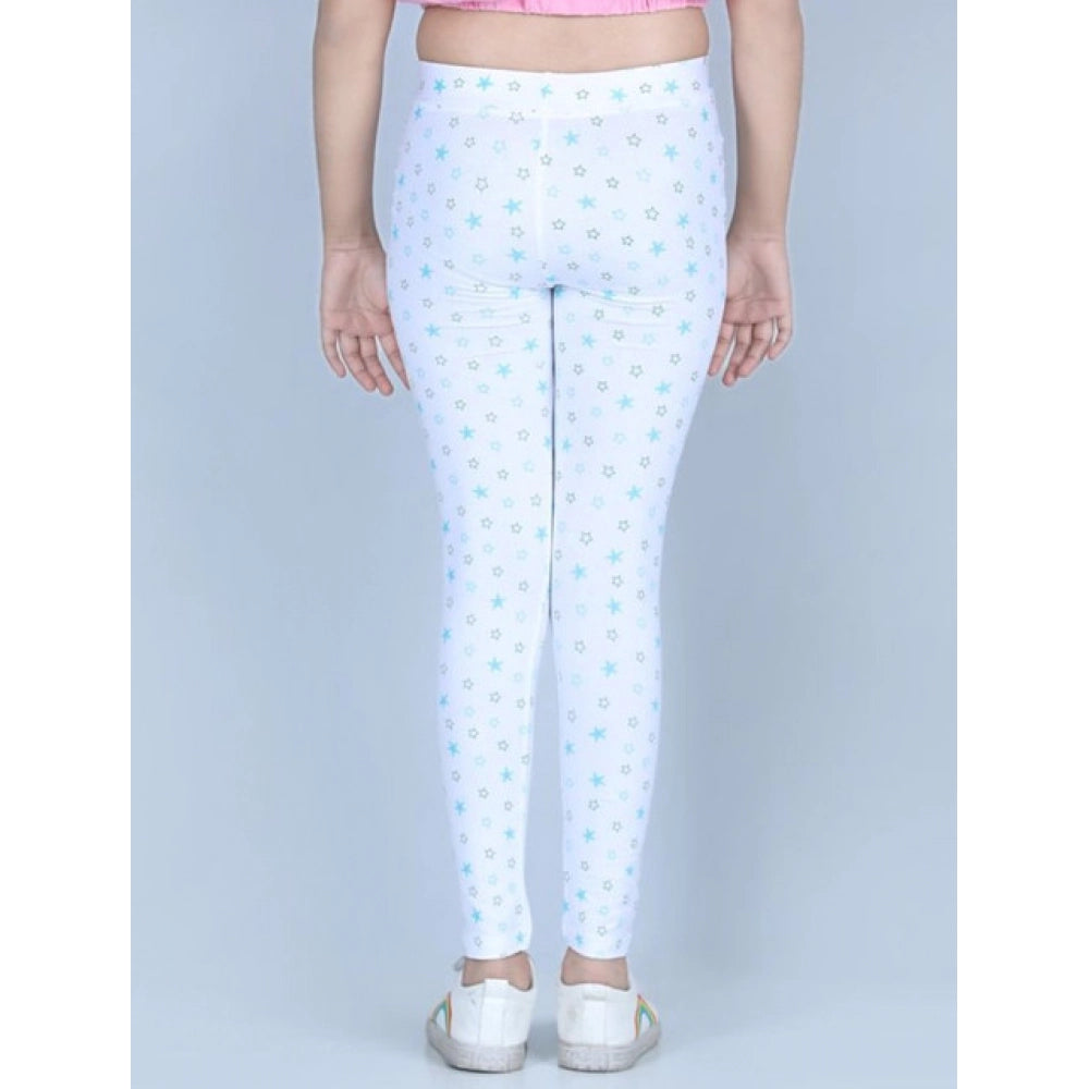 HamariDookan Girl's Cotton Lycra Printed Elasticated Leggings (White)