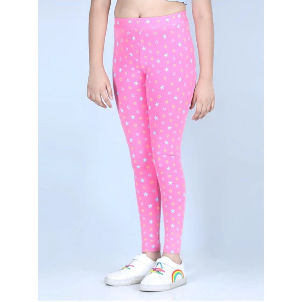 HamariDookan Girl's Cotton Lycra Printed Elasticated Leggings (Pink)