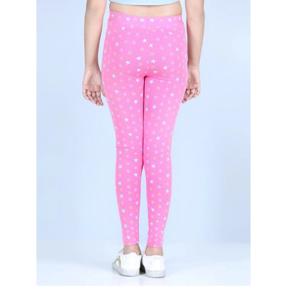HamariDookan Girl's Cotton Lycra Printed Elasticated Leggings (Pink)