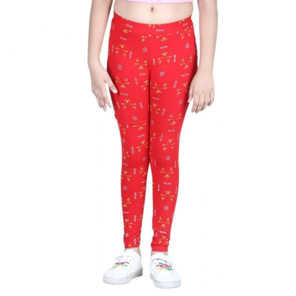 HamariDookan Girl's Cotton Lycra Printed Elasticated Leggings (Red)