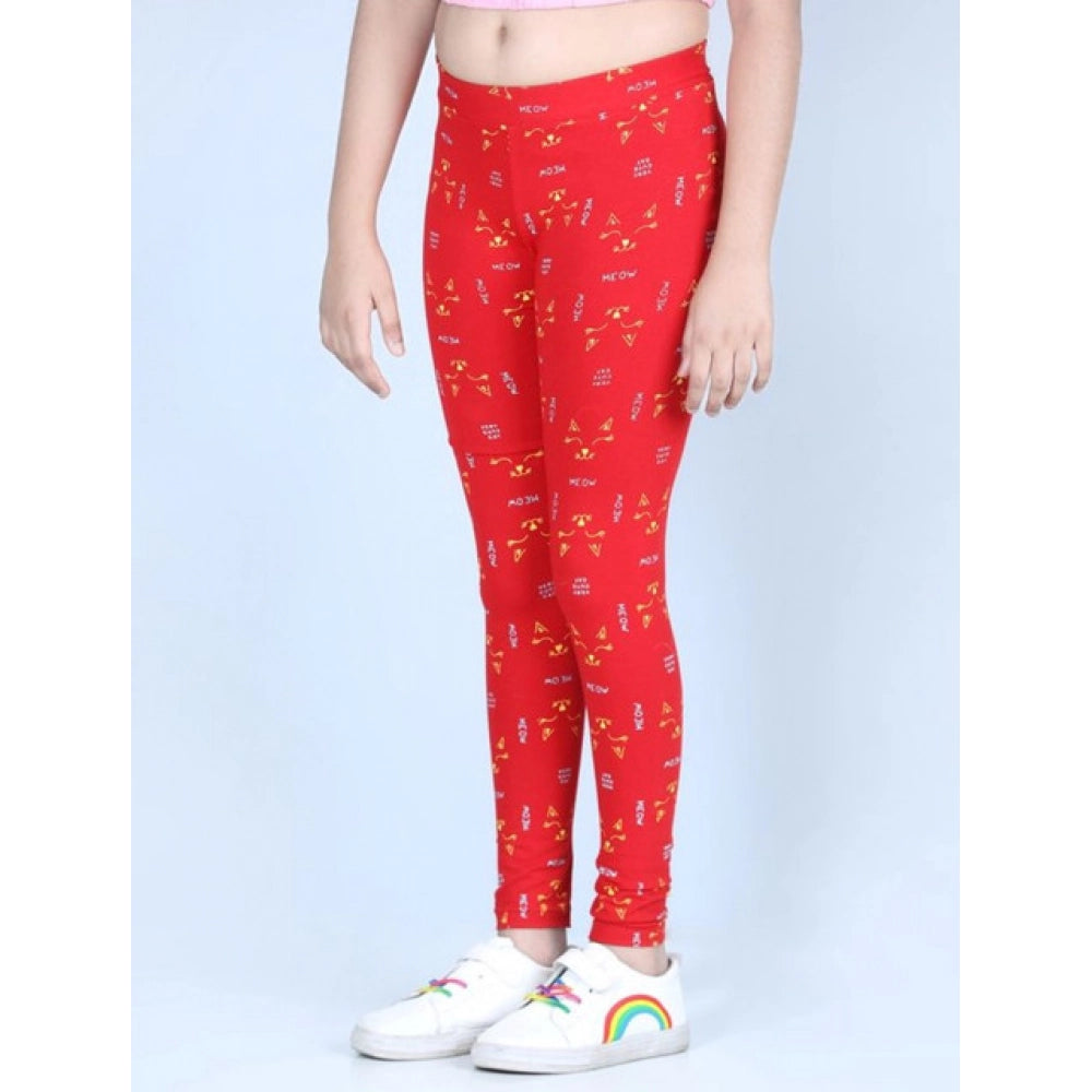 HamariDookan Girl's Cotton Lycra Printed Elasticated Leggings (Red)