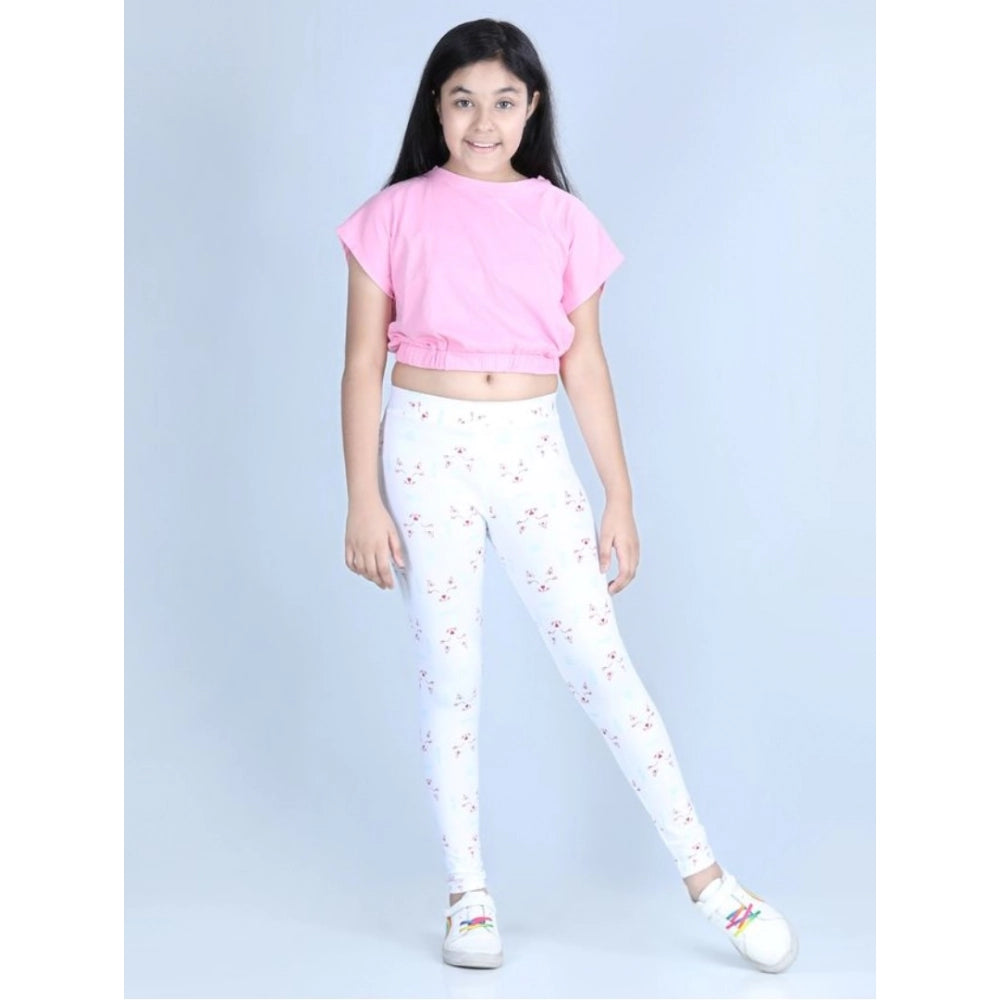 HamariDookan Girl's Cotton Lycra Printed Elasticated Leggings (White)