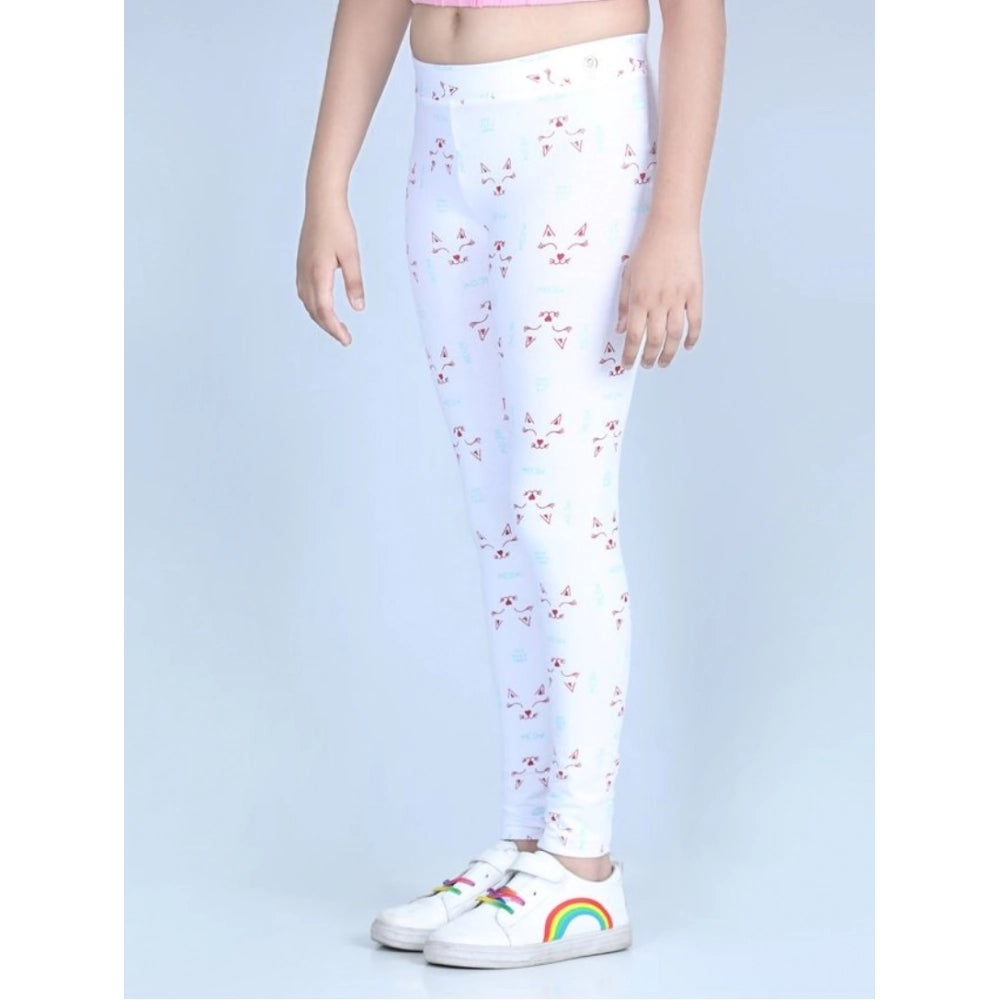 HamariDookan Girl's Cotton Lycra Printed Elasticated Leggings (White)