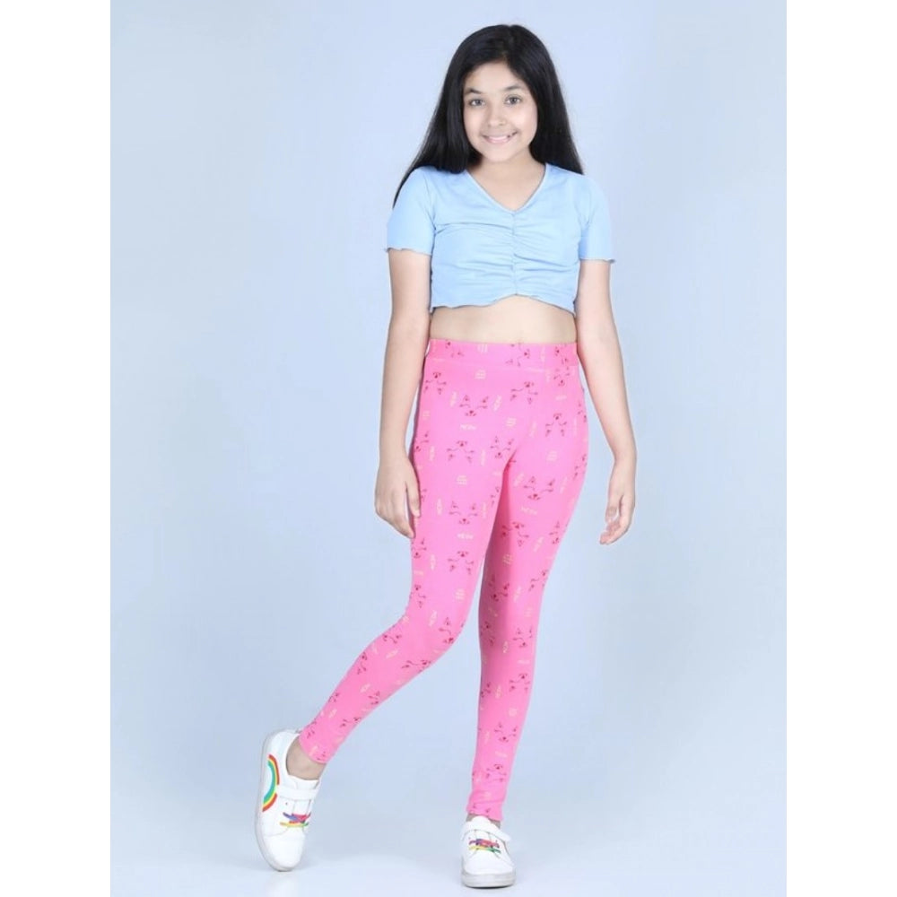 HamariDookan Girl's Cotton Lycra Printed Elasticated Leggings (Pink)