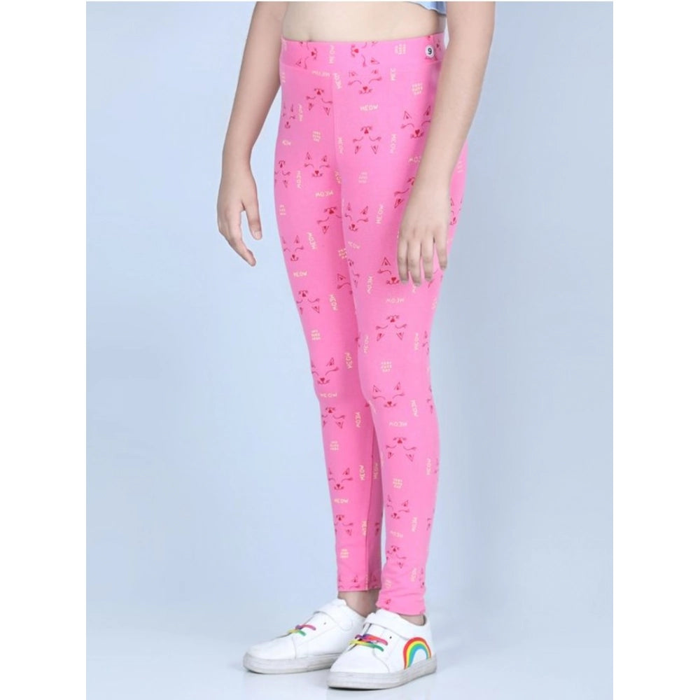 HamariDookan Girl's Cotton Lycra Printed Elasticated Leggings (Pink)