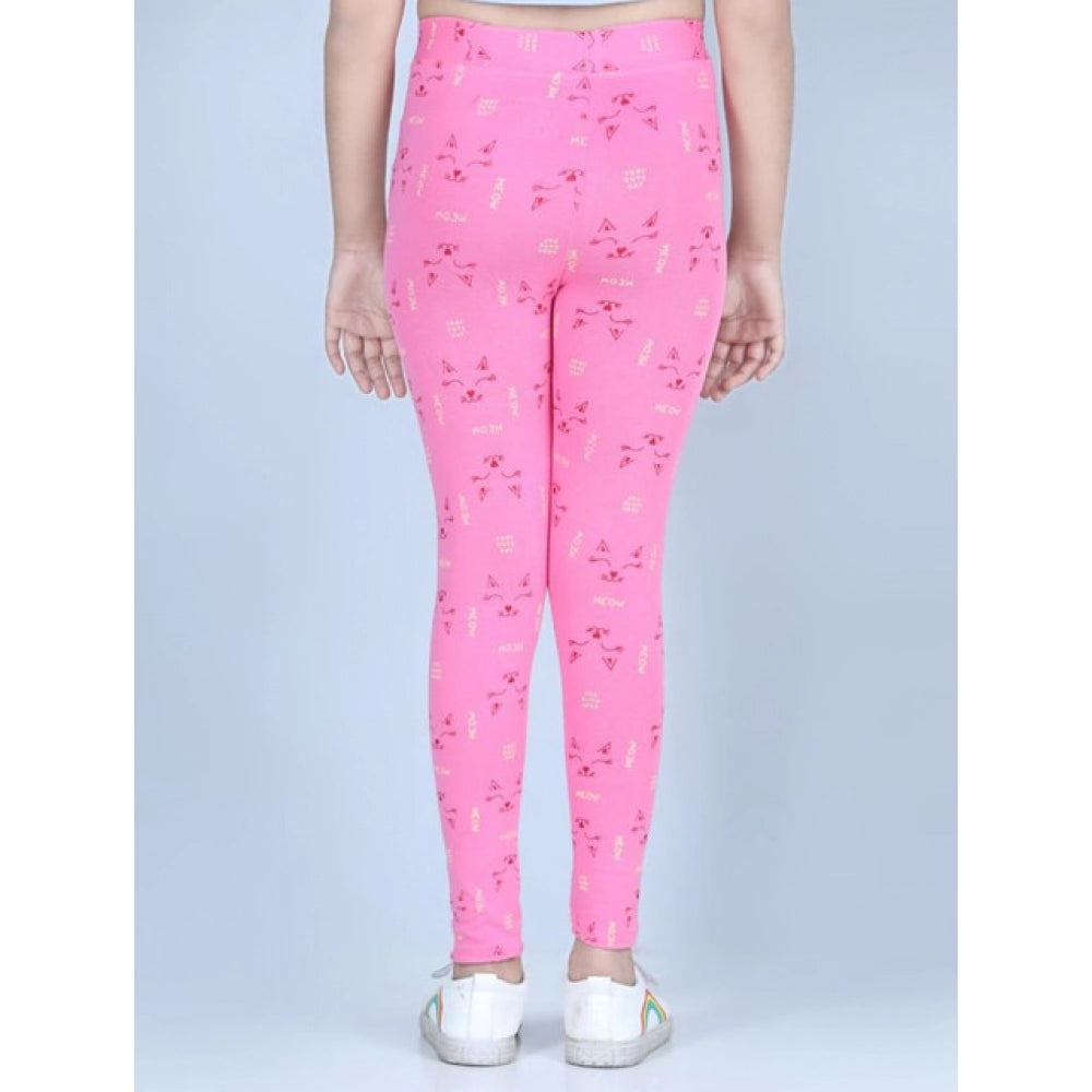 HamariDookan Girl's Cotton Lycra Printed Elasticated Leggings (Pink)