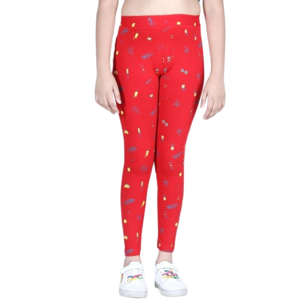 HamariDookan Girl's Cotton Lycra Printed Elasticated Leggings (Red)