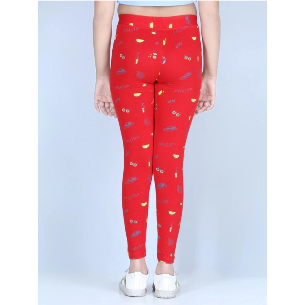 HamariDookan Girl's Cotton Lycra Printed Elasticated Leggings (Red)