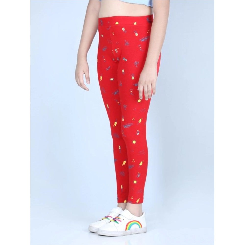 HamariDookan Girl's Cotton Lycra Printed Elasticated Leggings (Red)
