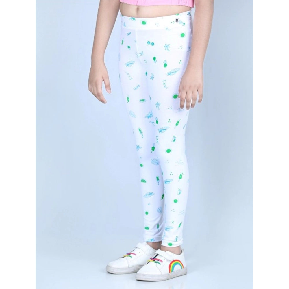 HamariDookan Girl's Cotton Lycra Printed Elasticated Leggings (White)