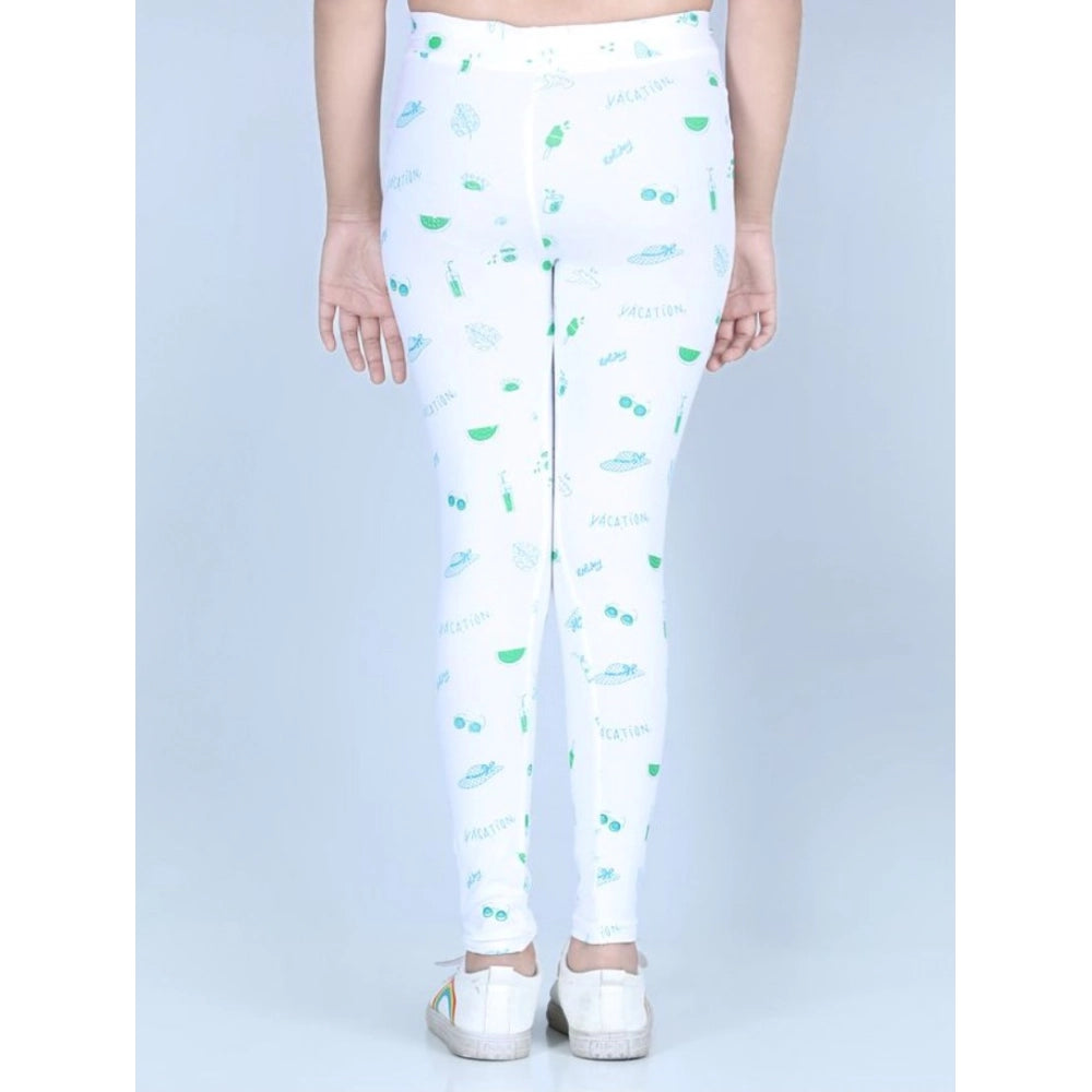 HamariDookan Girl's Cotton Lycra Printed Elasticated Leggings (White)