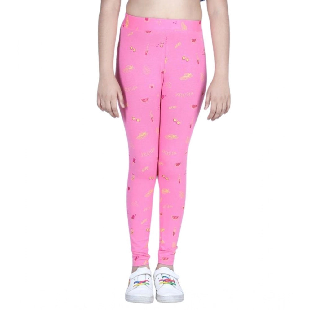 HamariDookan Girl's Cotton Lycra Printed Elasticated Leggings (Pink)