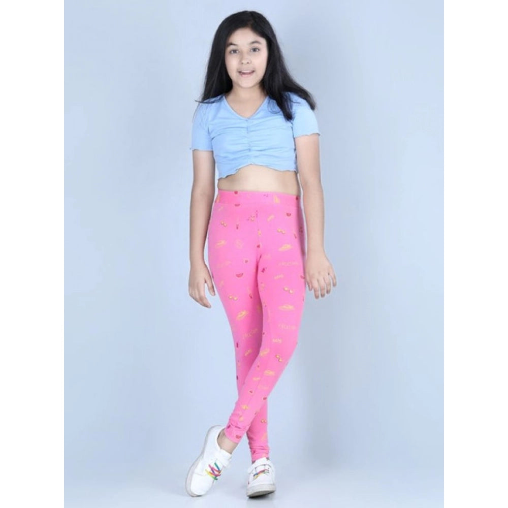 HamariDookan Girl's Cotton Lycra Printed Elasticated Leggings (Pink)