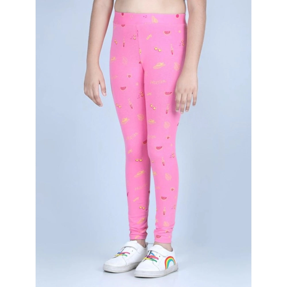 HamariDookan Girl's Cotton Lycra Printed Elasticated Leggings (Pink)