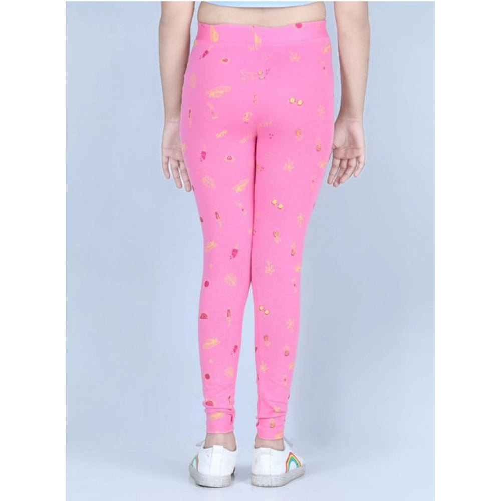 HamariDookan Girl's Cotton Lycra Printed Elasticated Leggings (Pink)