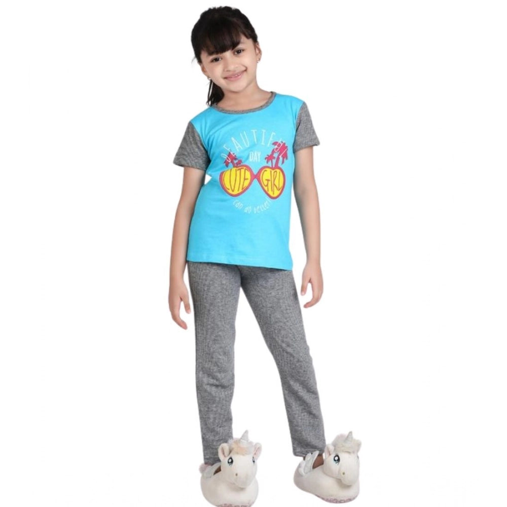 HamariDookan Girl's Cotton Hosiery Printed Night Suit Set (Blue-Grey)