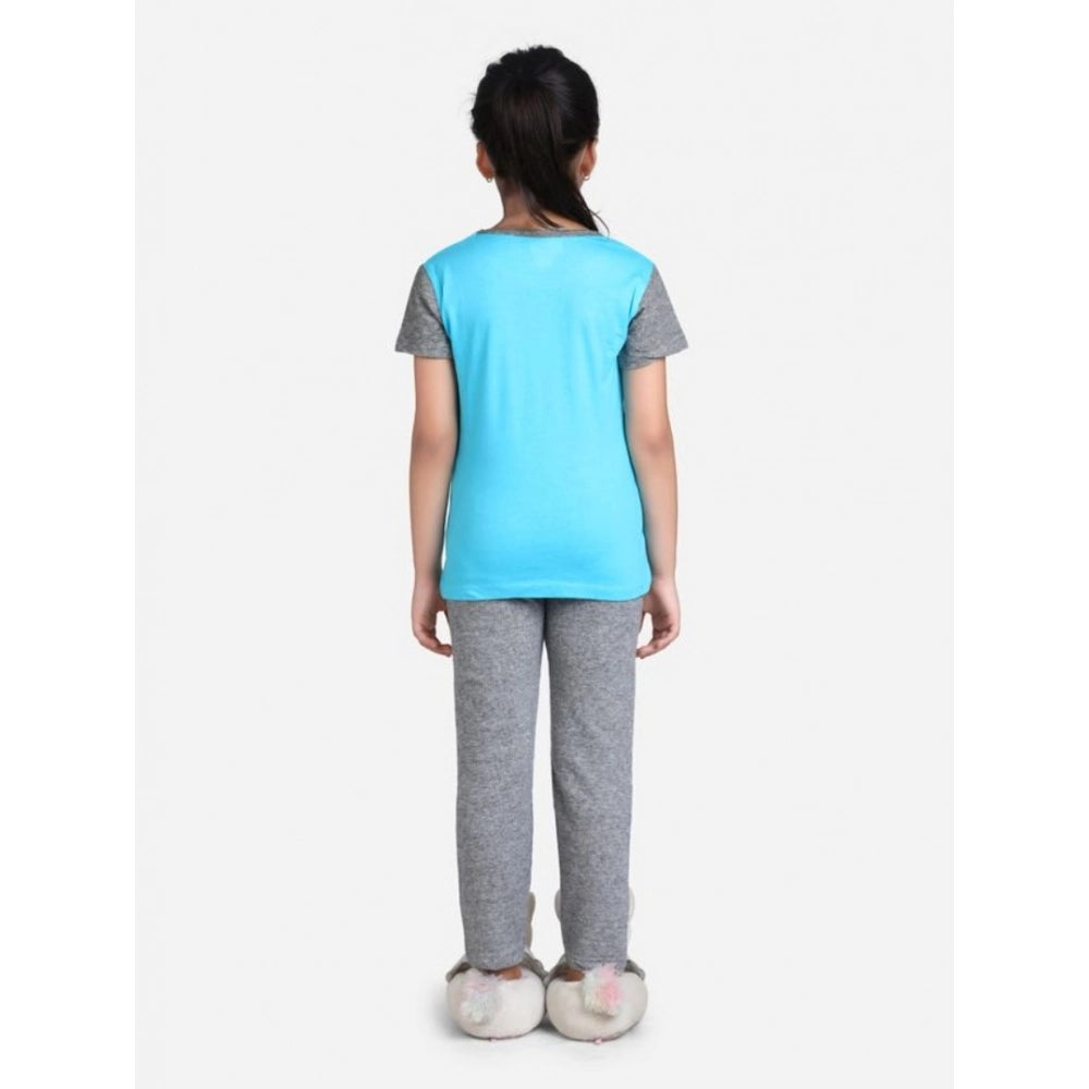 HamariDookan Girl's Cotton Hosiery Printed Night Suit Set (Blue-Grey)