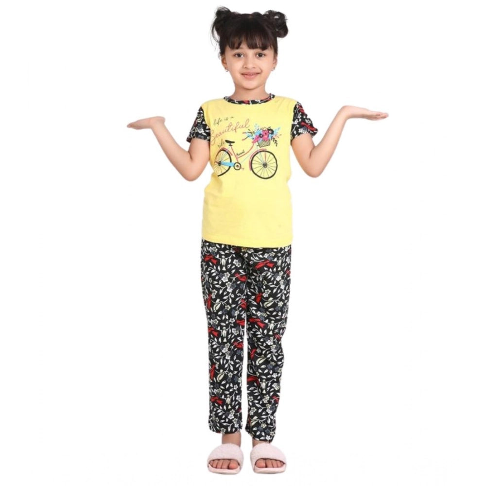 HamariDookan Girl's Cotton Hosiery Printed Night Suit Set (Yellow-Black)