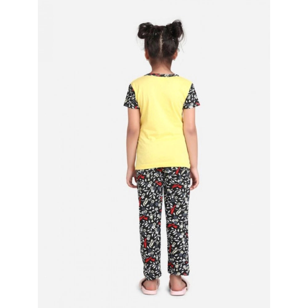 HamariDookan Girl's Cotton Hosiery Printed Night Suit Set (Yellow-Black)