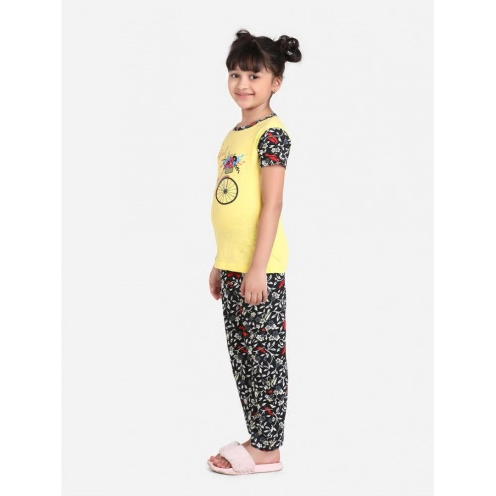 HamariDookan Girl's Cotton Hosiery Printed Night Suit Set (Yellow-Black)