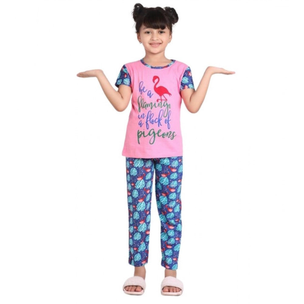 HamariDookan Girl's Cotton Hosiery Printed Night Suit Set (Pink-Blue)