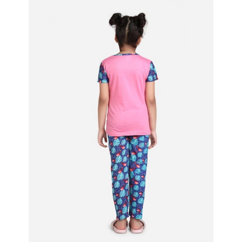HamariDookan Girl's Cotton Hosiery Printed Night Suit Set (Pink-Blue)